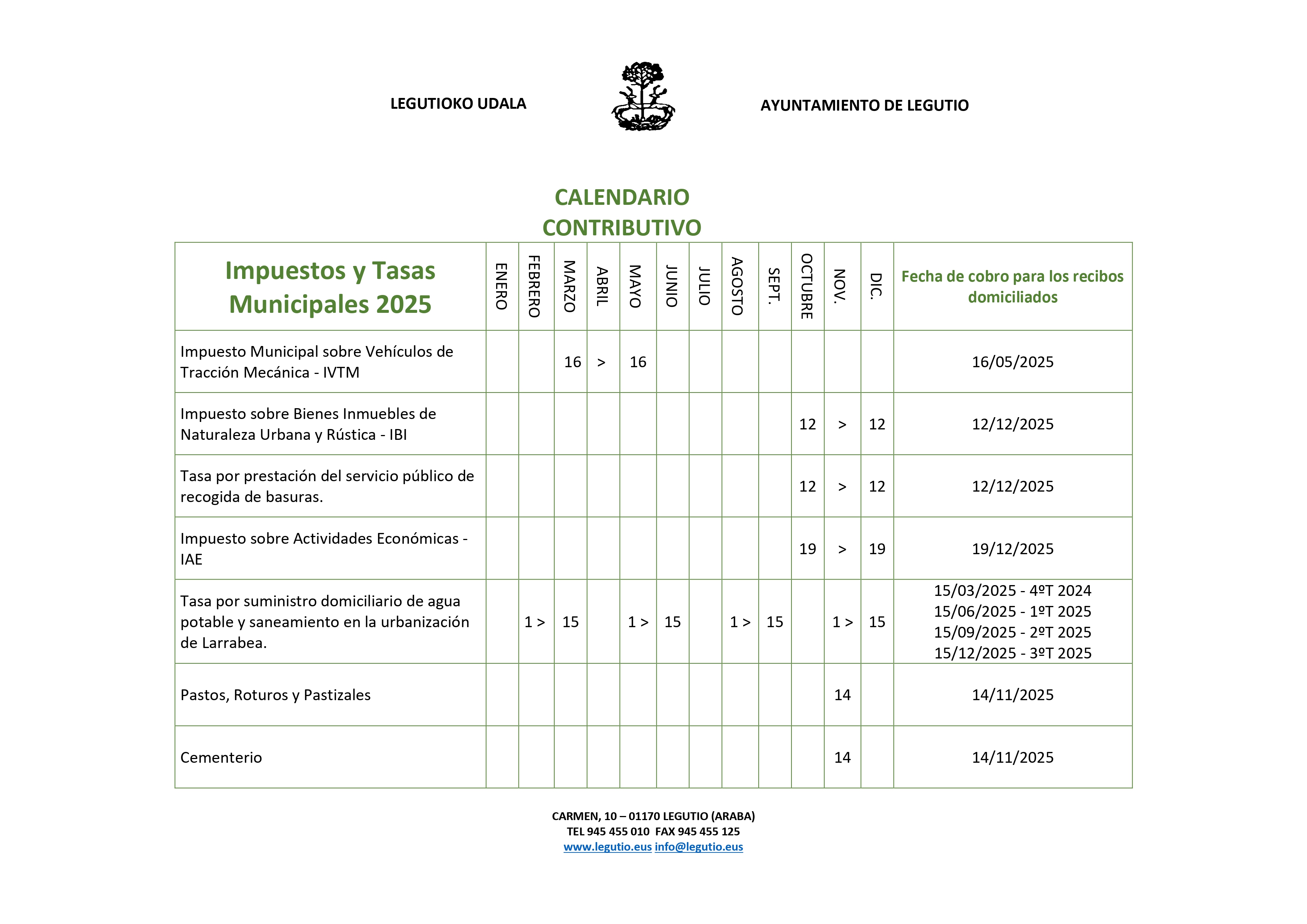 Calendario contributivo Ayuntamiento de Legutio